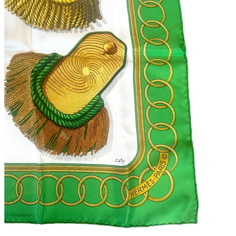 Hermès Paris Green & Gold Military Epaulettes Silk Scarf Carre 90 w/Box - Picture 6 of 13